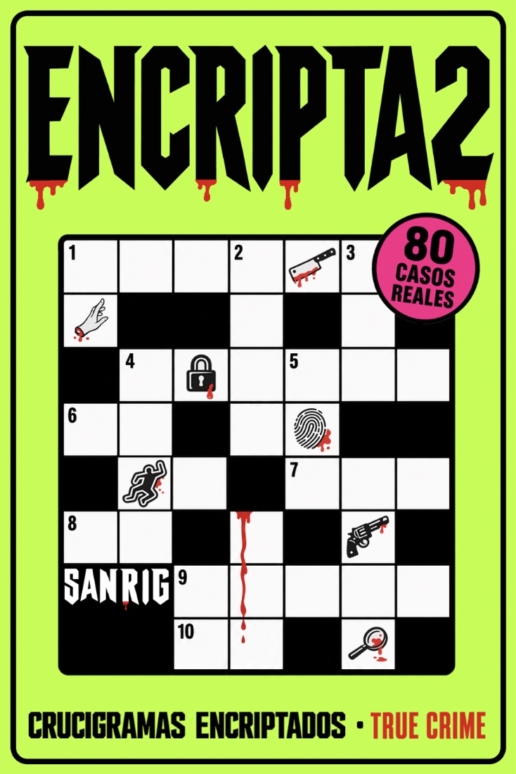 Portada del libro: rejilla de crucigrama con iconos de true crime sobre fondo verde ácido